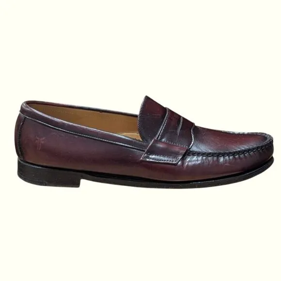 FRYE Men's 10 1/2 M Burgundy Leather Penny Loafers Dress Shoes
