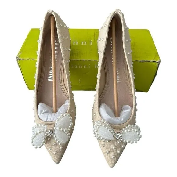 Gianni Bini Braxton Raffia Pearl Bow Dress Flats Color Oat Women’s Shoes Size 10