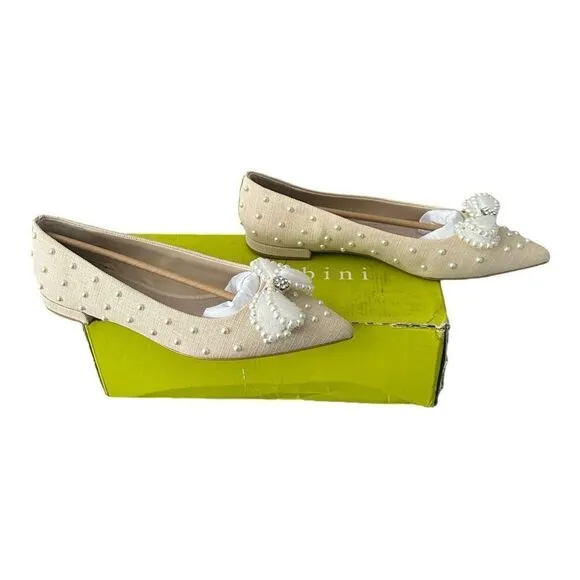 Gianni Bini Braxton Raffia Pearl Bow Dress Flats Color Oat Women’s Shoes Size 10