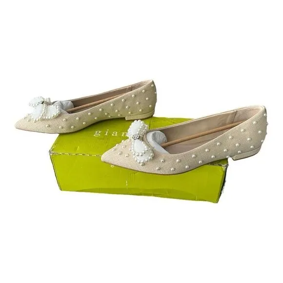 Gianni Bini Braxton Raffia Pearl Bow Dress Flats Color Oat Women’s Shoes Size 10