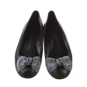 Giuseppe Zanotti Black Leather Rhinestone Embellished Bow Ballet Flats Size 7.5