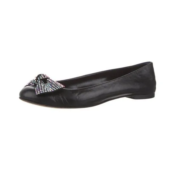 Giuseppe Zanotti Black Leather Rhinestone Embellished Bow Ballet Flats Size 7.5