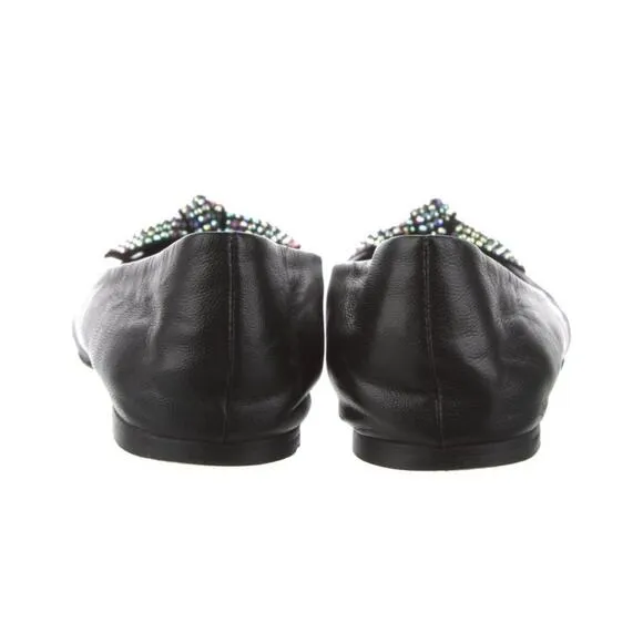 Giuseppe Zanotti Black Leather Rhinestone Embellished Bow Ballet Flats Size 7.5