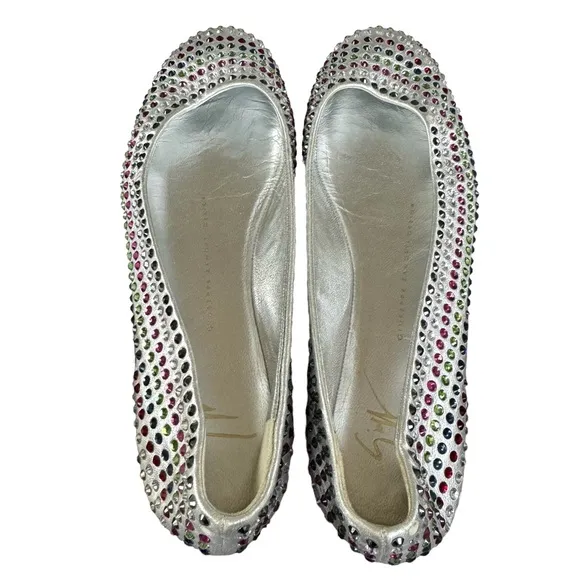 Giuseppe Zanotti Metallic Silver Flats Multicolor Beaded Leather Shoes Womens