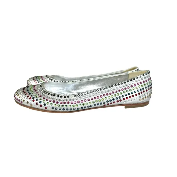 Giuseppe Zanotti Metallic Silver Flats Multicolor Beaded Leather Shoes Womens