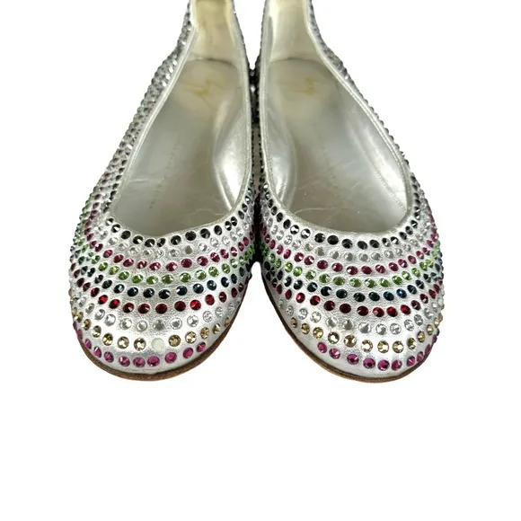 Giuseppe Zanotti Metallic Silver Flats Multicolor Beaded Leather Shoes Womens