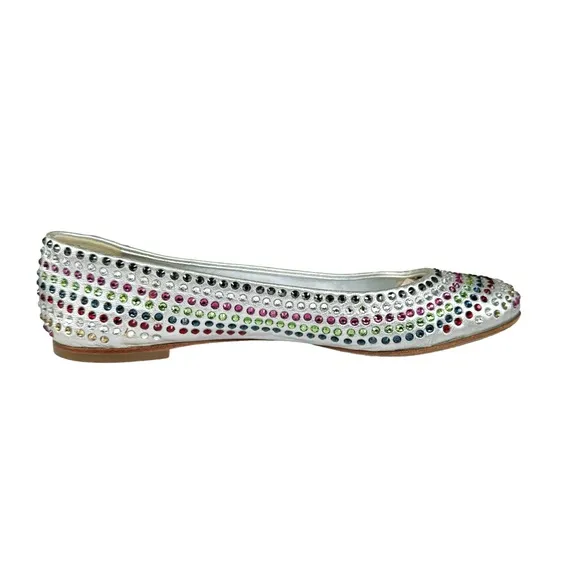 Giuseppe Zanotti Metallic Silver Flats Multicolor Beaded Leather Shoes Womens