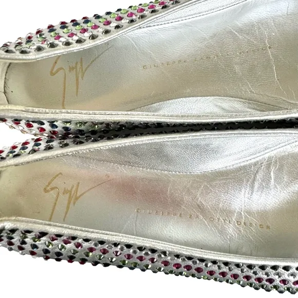Giuseppe Zanotti Metallic Silver Flats Multicolor Beaded Leather Shoes Womens