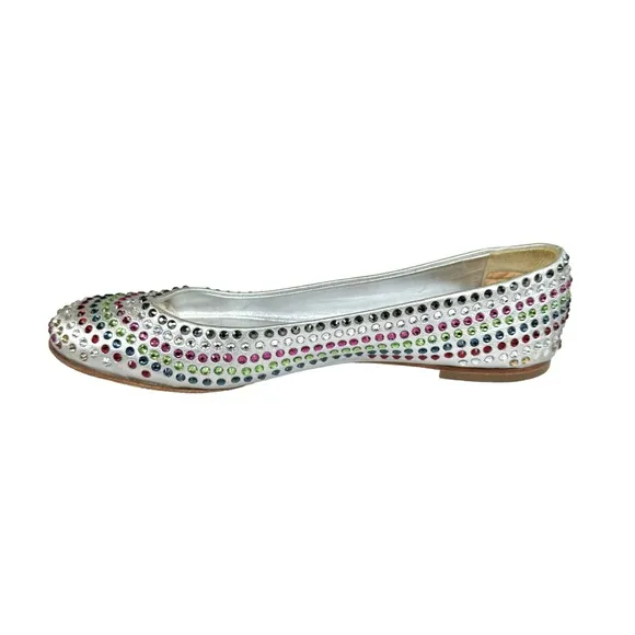 Giuseppe Zanotti Metallic Silver Flats Multicolor Beaded Leather Shoes Womens