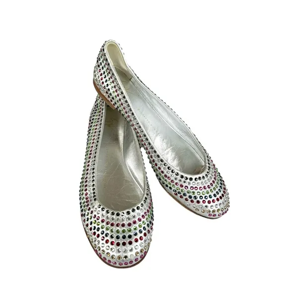 Giuseppe Zanotti Metallic Silver Flats Multicolor Beaded Leather Shoes Womens