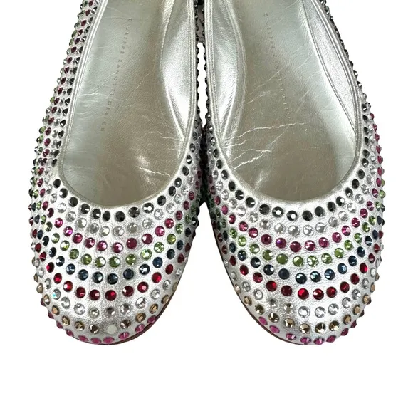 Giuseppe Zanotti Metallic Silver Flats Multicolor Beaded Leather Shoes Womens