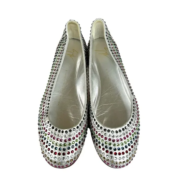 Giuseppe Zanotti Metallic Silver Flats Multicolor Beaded Leather Shoes Womens