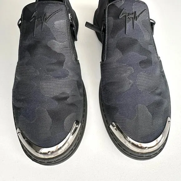 Giuseppe Zanotti Slip On Dark Camo Goth Metal Zip Black Loafer Shoes EU 41 US 10