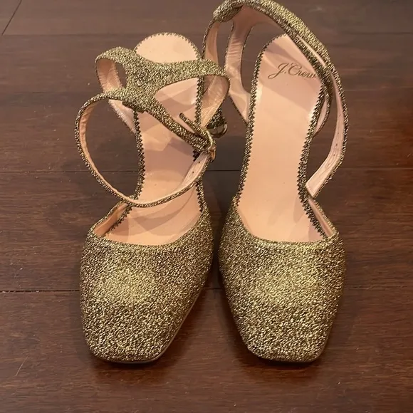 Gold sparkle J. Crew vicky ankle strap closed block toe heels NWOT 7 1/2
