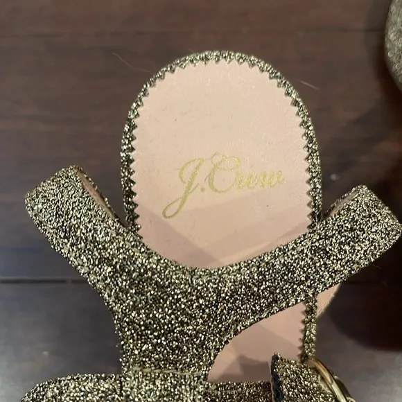 Gold sparkle J. Crew vicky ankle strap closed block toe heels NWOT 7 1/2
