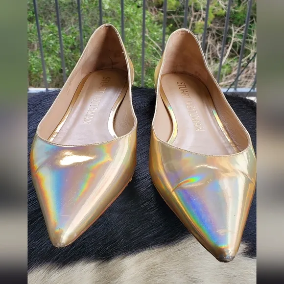 Gorgeous RARE Stuart Weitzman Gold Holographic Emilia Flats Sz 10 MSRP $425