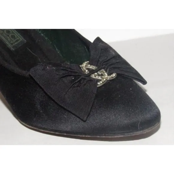 Gucci Black Satin Over Leather w Rhinestone Accent