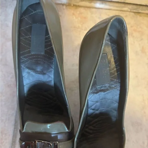 Gucci Pointed Toe Patent Leather Heels army green pumps logo buckle shoes y2k