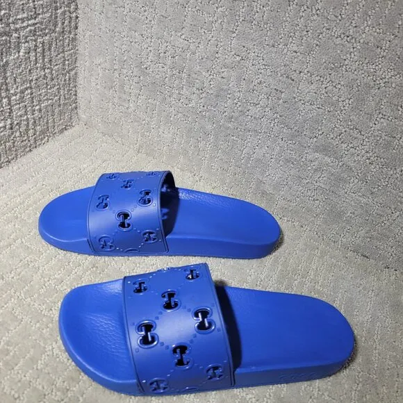 Gucci Pursuit Slide Men's Size US 10 Blue Rubber GG Perforated Sandals.