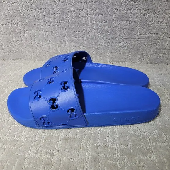 Gucci Pursuit Slide Men's Size US 10 Blue Rubber GG Perforated Sandals.