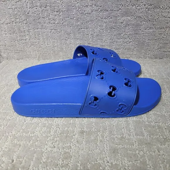 Gucci Pursuit Slide Men's Size US 10 Blue Rubber GG Perforated Sandals.