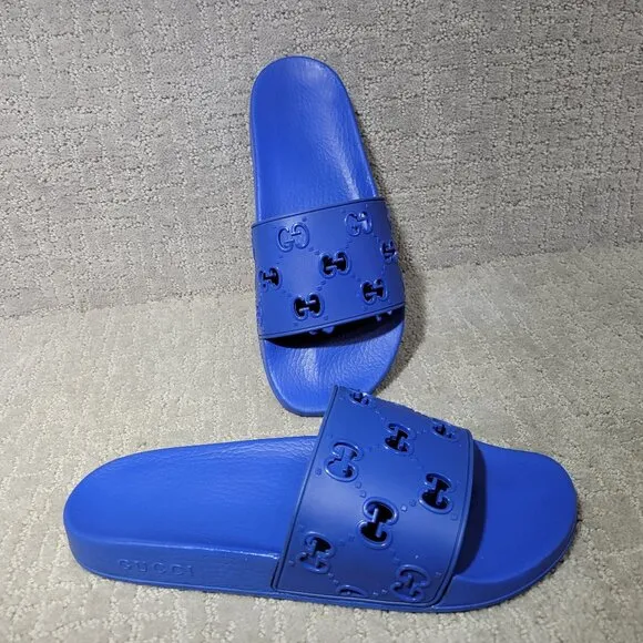 Gucci Pursuit Slide Men's Size US 10 Blue Rubber GG Perforated Sandals.
