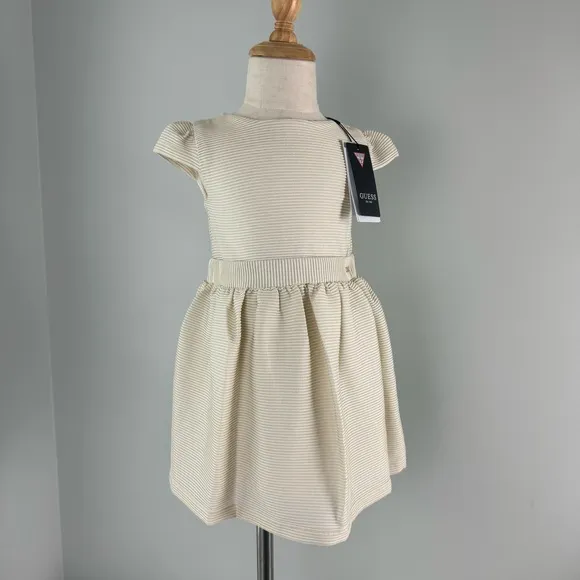 Guess Baby Girls Cap-Sleeve Metallic-Striped Jersey Dress Ivory NWT NEW