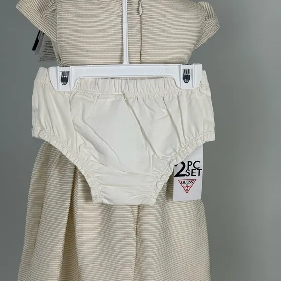 Guess Baby Girls Cap-Sleeve Metallic-Striped Jersey Dress Ivory NWT NEW
