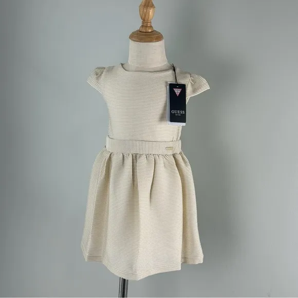 Guess Baby Girls Cap-Sleeve Metallic-Striped Jersey Dress Ivory NWT NEW