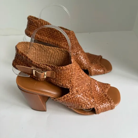 H Halston Size 9 M PENELOPE Brown Weaved Leather Heels Sandals