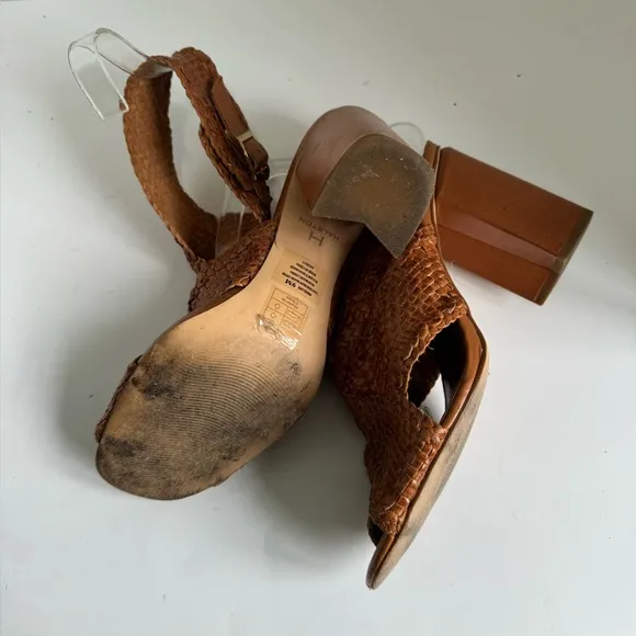 H Halston Size 9 M PENELOPE Brown Weaved Leather Heels Sandals