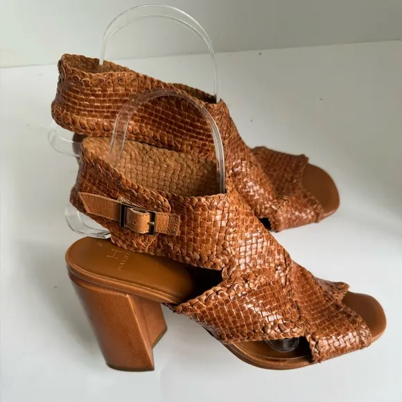 H Halston Size 9 M PENELOPE Brown Weaved Leather Heels Sandals