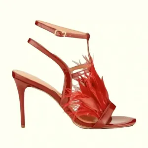 Halston Heritage Tasha DARK Red Patent LeatherFeather Heeled Cage Sandals