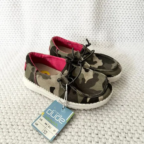 Hey Dude NWT Green Camo Wendy Funk Camo Toddler Slip On Pink Accent Shoes 9 New