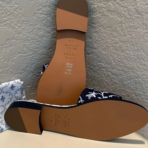 Hill House Womens 10.5 Sandals Summer Slide Embroidered Leather Linen Blue New