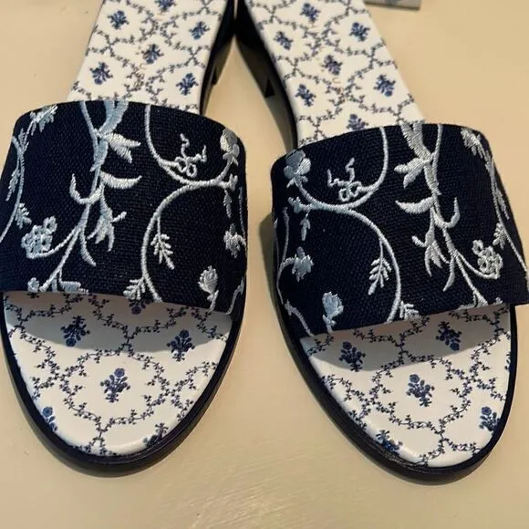 Hill House Womens 10.5 Sandals Summer Slide Embroidered Leather Linen Blue New