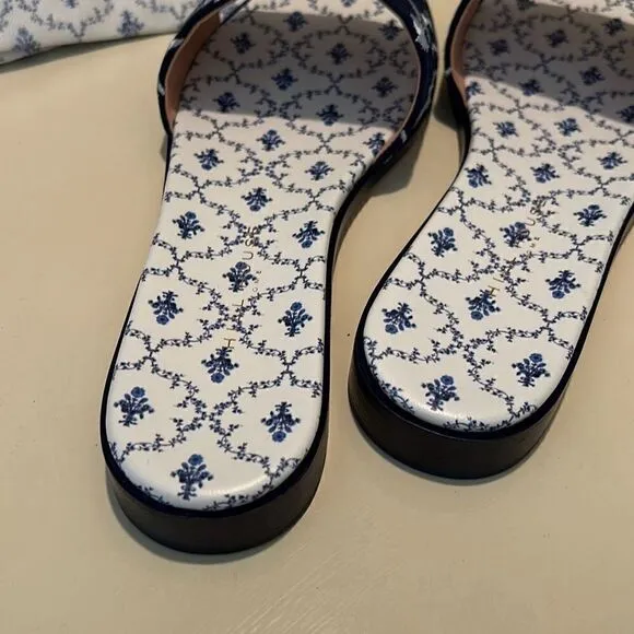 Hill House Womens 10.5 Sandals Summer Slide Embroidered Leather Linen Blue New