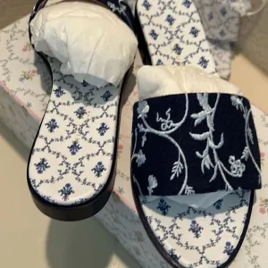Hill House Womens 10.5 Sandals Summer Slide Embroidered Leather Linen Blue New