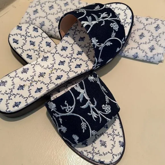 Hill House Womens 10.5 Sandals Summer Slide Embroidered Leather Linen Blue New