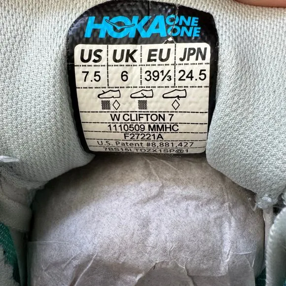 HOKA ONE ONE W CLIFTON 7 Running Sneakers Womens 7.5 Morning Mist