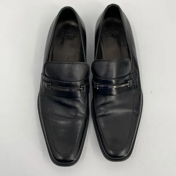 Hugo Boss Carl black leather dress shoe loafer elongated square toe silver men 9