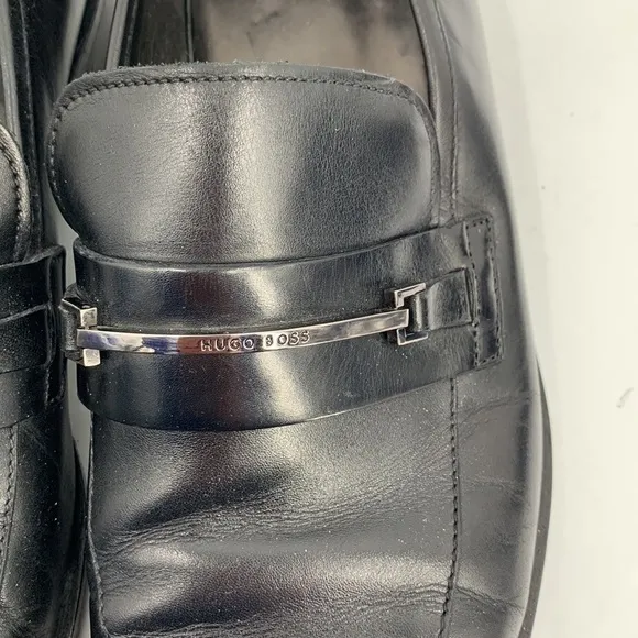 Hugo Boss Carl black leather dress shoe loafer elongated square toe silver men 9