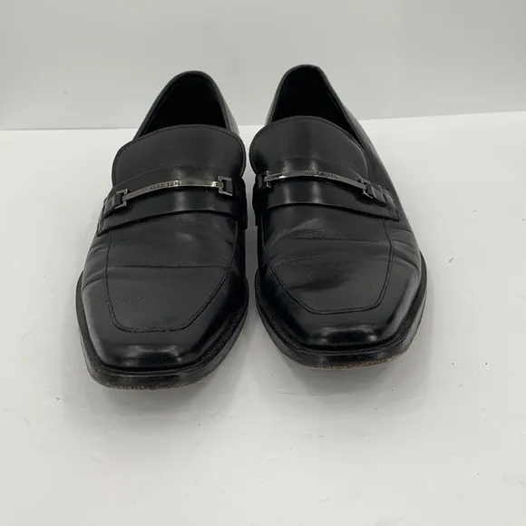 Hugo Boss Carl black leather dress shoe loafer elongated square toe silver men 9