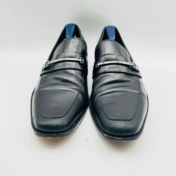 Hugo Boss Loafers Mens 9.5 Black Leather Horsebit Shoes Vintage Made in Italy
