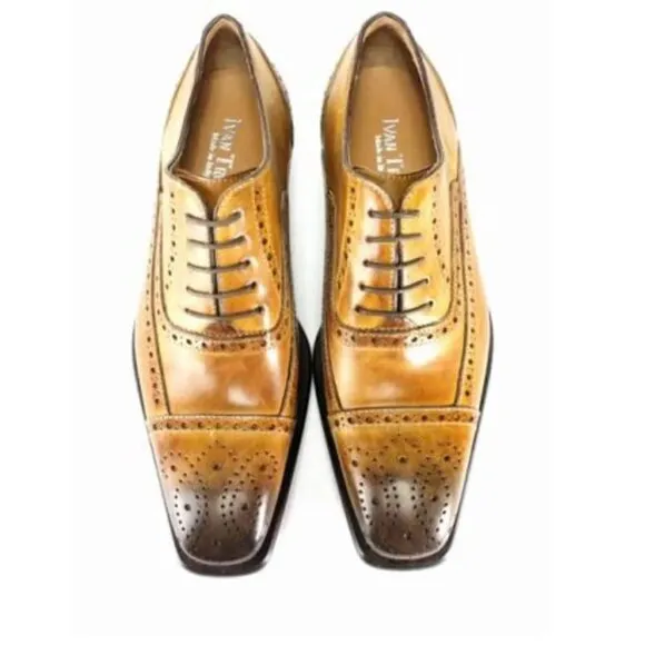 Italian Handmade Men's Leather Shoe / Jean Cognac Brogue Leather Shoes for Men