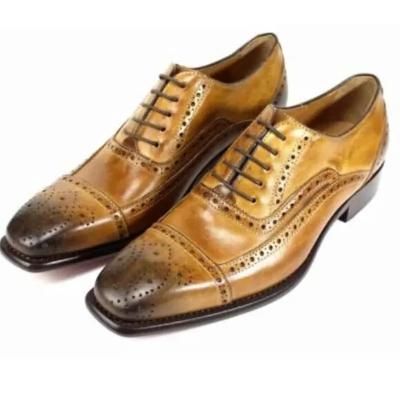 Italian Handmade Men's Leather Shoe / Jean Cognac Brogue Leather Shoes for Men