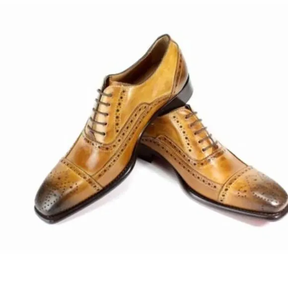Italian Handmade Men's Leather Shoe / Jean Cognac Brogue Leather Shoes for Men