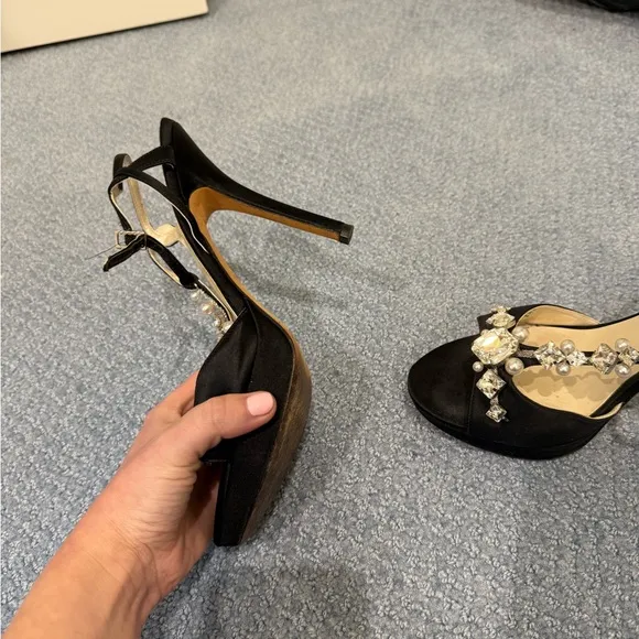 IVANKA TRUMP ALLUVIA Women Black Satin Evening Sandals with Pearls &amp; Crystals