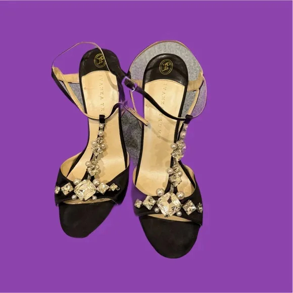 IVANKA TRUMP ALLUVIA Women Black Satin Evening Sandals with Pearls &amp; Crystals