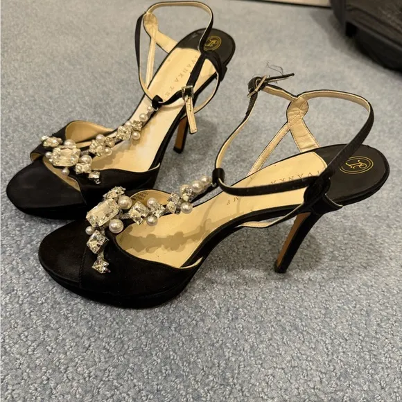 IVANKA TRUMP ALLUVIA Women Black Satin Evening Sandals with Pearls &amp; Crystals